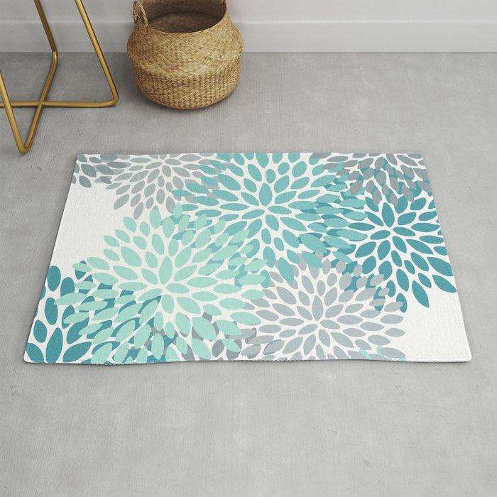 Floral Pattern, Aqua, Teal, Turquoise and Gray Rug