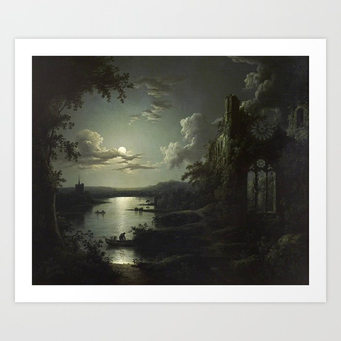 The Beautiful Ruins, Boats on a Moonlit Lake with Gothic Church landscape painting by Sebastian Pether Art Print