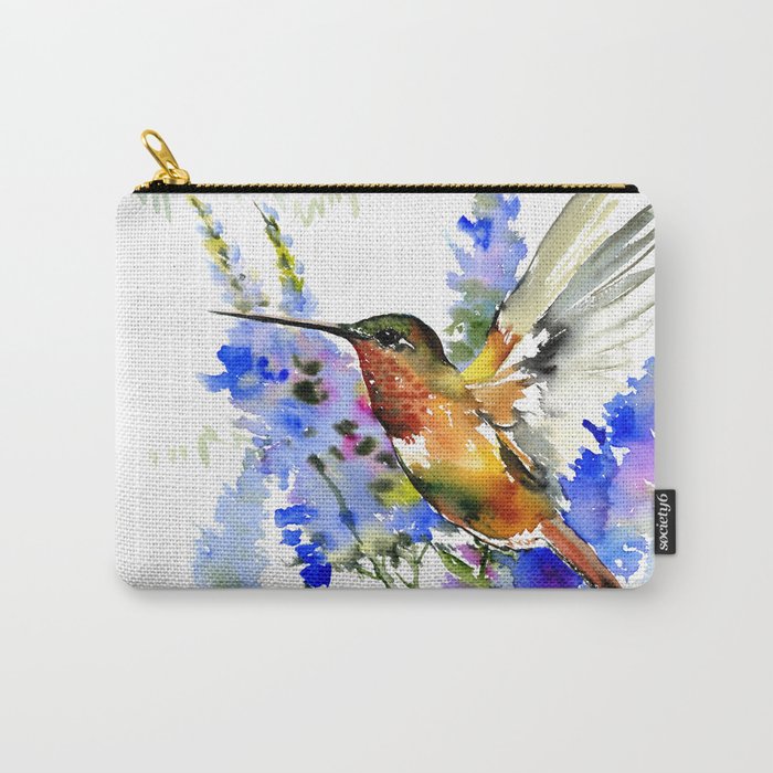 Alen's Hummingbird and Blue Flowers, floral bird design birds, watercolor floral bird art Carry-All Pouch