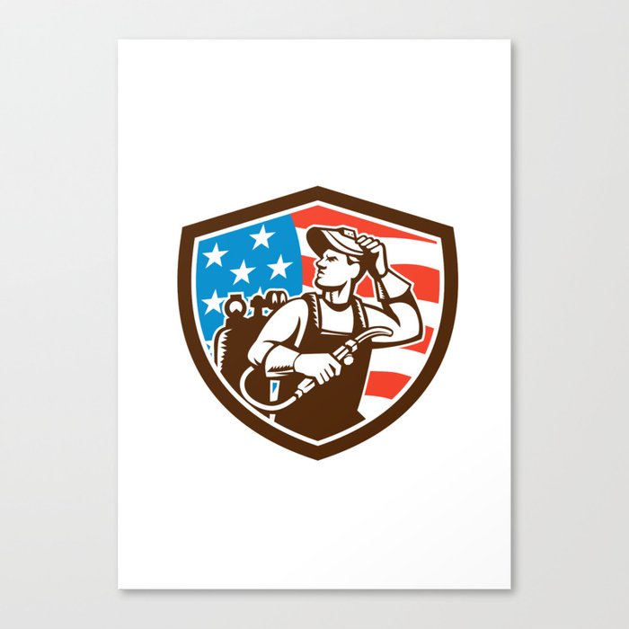 Welder Looking Side USA Flag Crest Retro Canvas Print