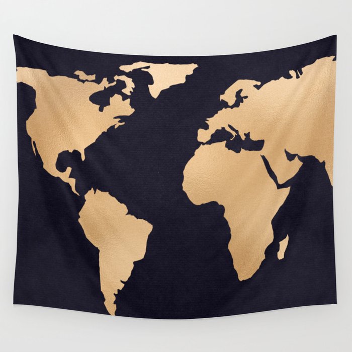 World Map Metallic Copper on Navy Blue Wall Tapestry