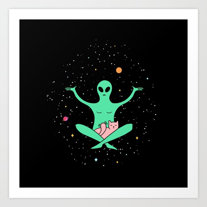 Funny Alien with a Cat Floating in Outer Space Art Print