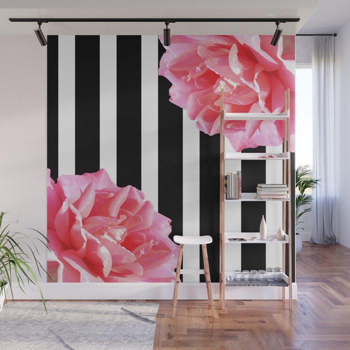 Pink roses on black and white stripes Wall Mural by ARTbyJWP