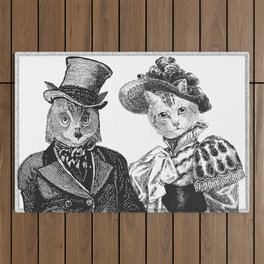 The Owl and the Pussycat | Anthropomorphic Owl and Cat | Black and White | Outdoor Rug
