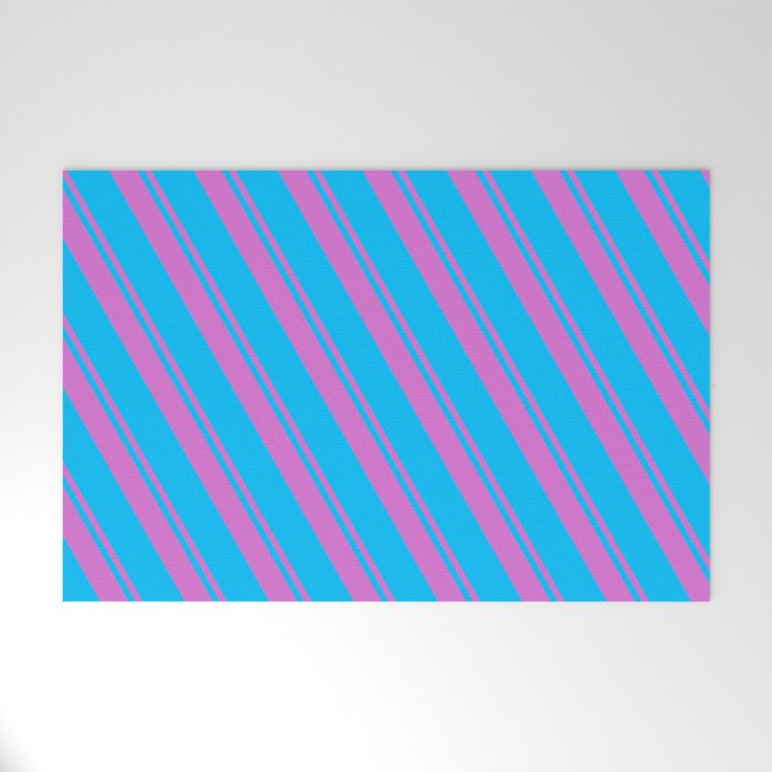 Orchid and Deep Sky Blue Colored Lines Pattern Welcome Mat