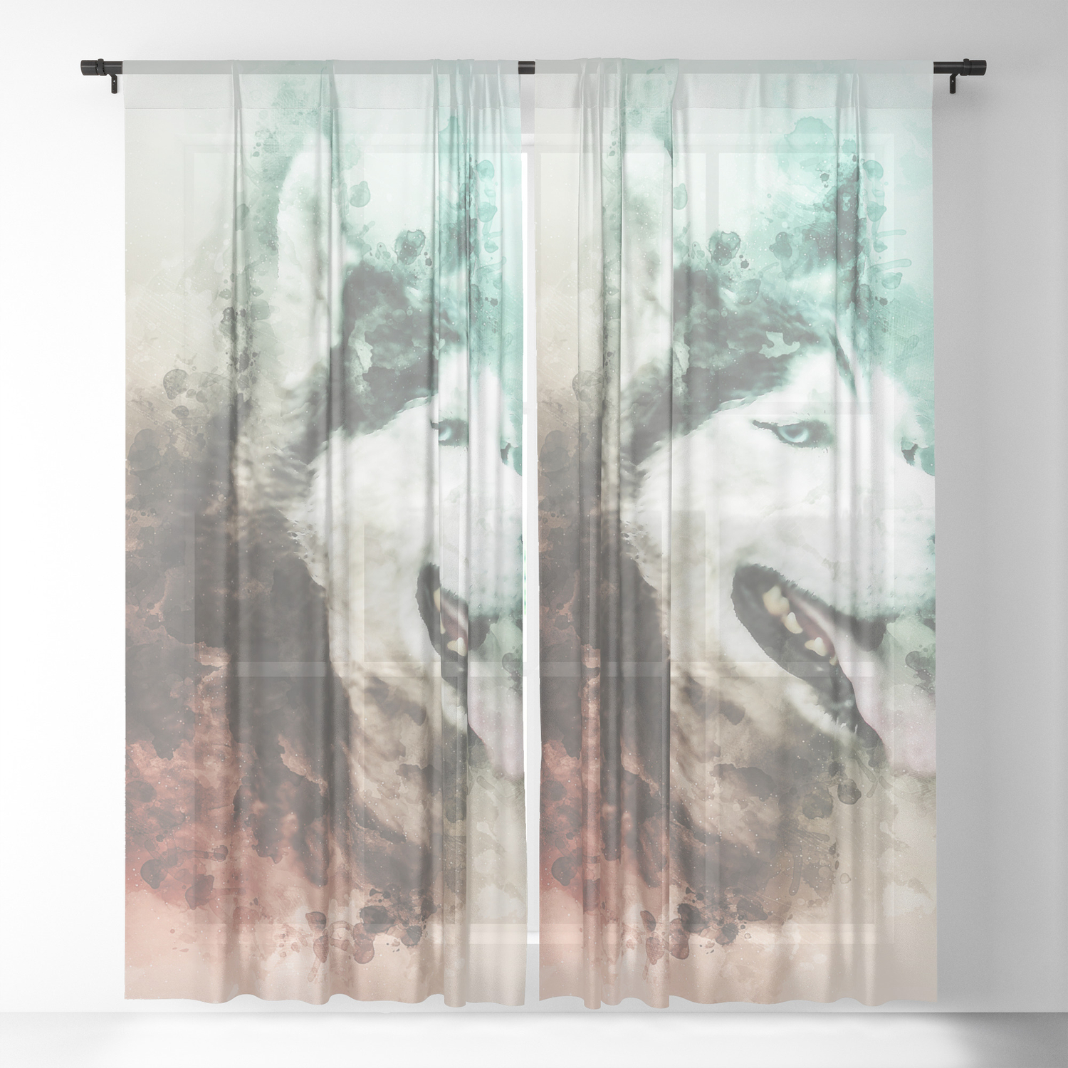 Siberian Husky Digital Watercolor Painting Sheer Curtain By