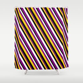 [ Thumbnail: White, Purple, Yellow, and Black Colored Striped Pattern Shower Curtain ]