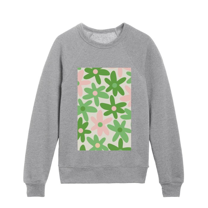 Daisy Time Retro Floral Pattern in Lime Green and Pale Pink Kids Crewneck