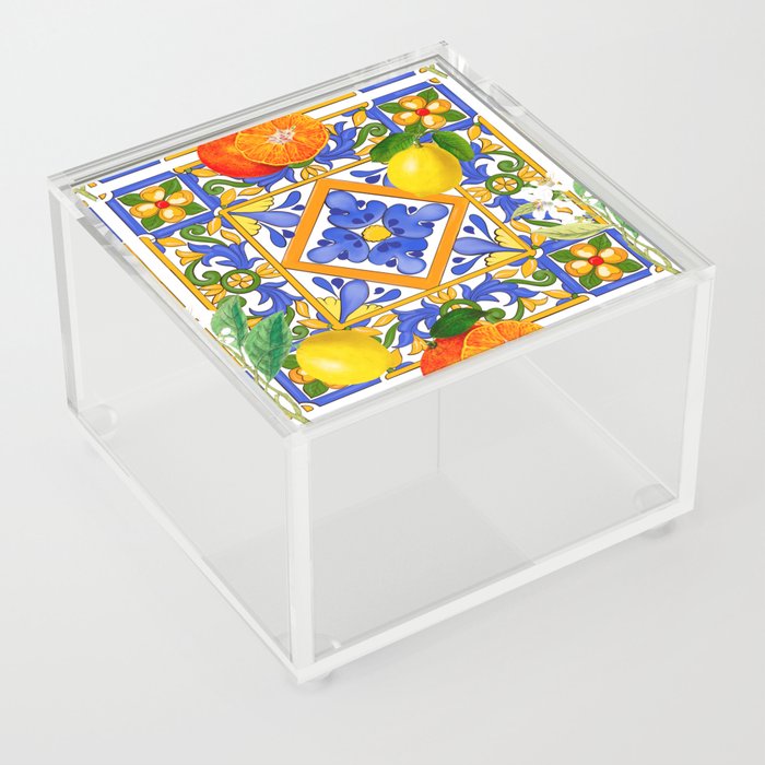 Summer ,Sicilian tiles ,citrus,oranges,majolica,lemons ,Mediterranean  Acrylic Box