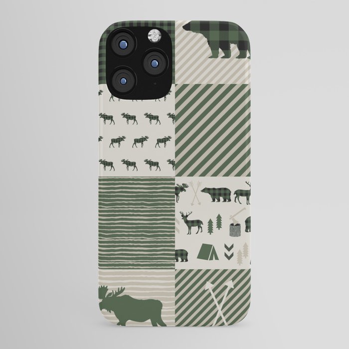 Camping hunter green plaid quilt cheater quilt baby nursery cute pattern bear moose cabin life iPhone Case