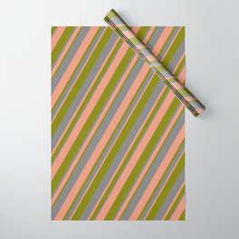 [ Thumbnail: Grey, Dark Salmon & Green Colored Stripes/Lines Pattern Wrapping Paper ]