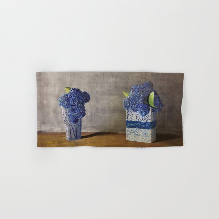 Blue Hydrangeas in Unique Chinese Vases Hand & Bath Towel