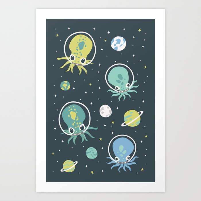 Squids in Space - Blue + Green Art Print