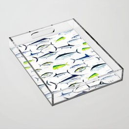 Tuna, Marlin, Wahoo, Swordfish, Mahi-Mahi Hand Illustrated Sport Fish Pattern; Desaturated Color, Ocean Chart Acrylic Tray