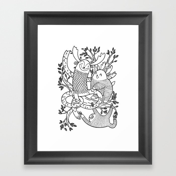Cute woodland animals and a sloth  black and white Framed Art Print