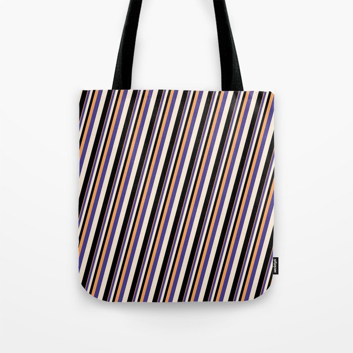 Brown, Dark Slate Blue, Beige & Black Colored Striped Pattern Tote Bag