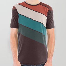 V - Red and Blue Minimalistic Colorful Retro Stripe Art Pattern on Dark Brown All Over Graphic Tee