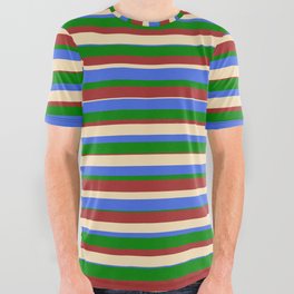 [ Thumbnail: Tan, Royal Blue, Green, and Brown Colored Stripes/Lines Pattern All Over Graphic Tee ]