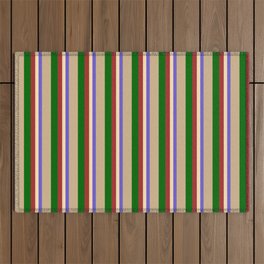 [ Thumbnail: Colorful Slate Blue, Beige, Brown, Dark Green, and Tan Colored Lines Pattern Outdoor Rug ]