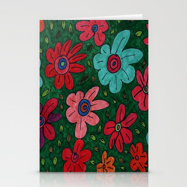 Abstract Multi-coloured Flowers Floating in Green  Stationery Cards