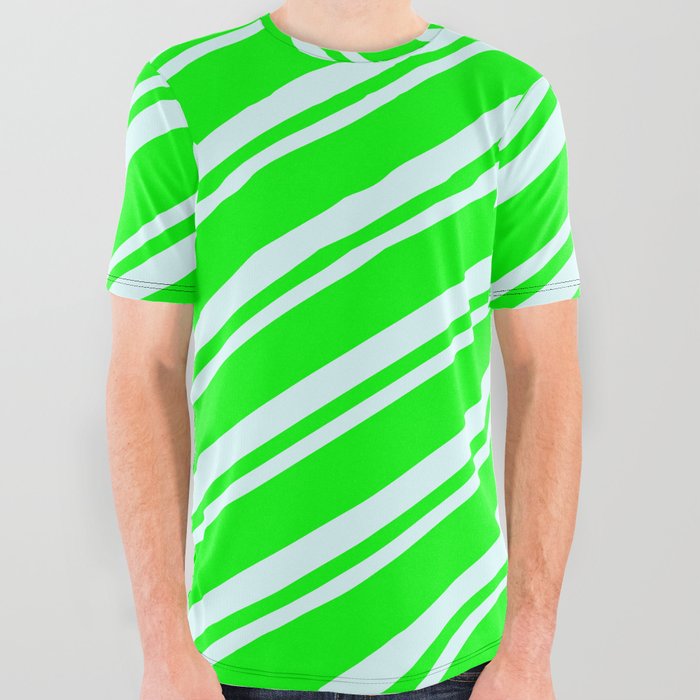 Lime & Light Cyan Colored Pattern of Stripes All Over Graphic Tee