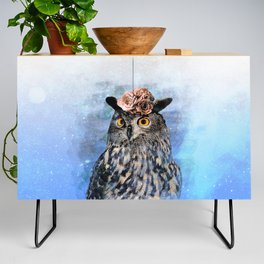 Painting of cute owl with flowers on his head (blue background) - nature Credenza