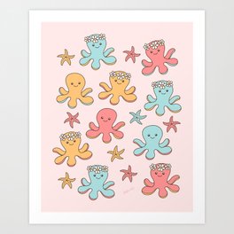Cute Octopus Pattern, Fun Sea Animals, Colorful Pastel Colors Art Print | Tentacles, Starfish, 90S, Sealife, Ocean, Happy, Illustration, Daisies, Dancing, Cute 