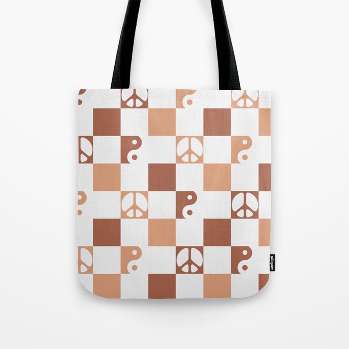Checkered Peace Symbol & Yin Yang Pattern \\ Brown Multicolor Tote Bag
