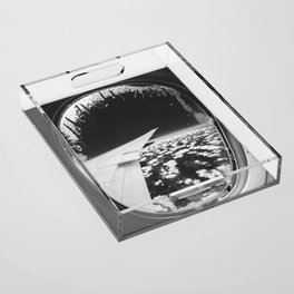 Airplane window and white clouds black and white Acrylic Tray