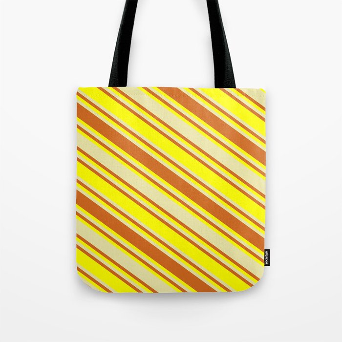 Pale Goldenrod, Chocolate, and Yellow Colored Lined/Striped Pattern Tote Bag