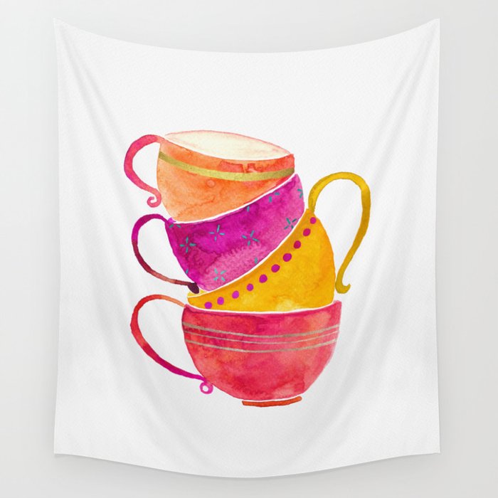 Orange, pink and yellow stacked tea cups Wall Tapestry