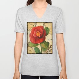 French card shabby chic red Camelia V Neck T Shirt