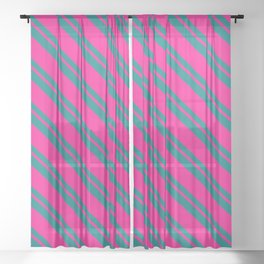 [ Thumbnail: Deep Pink & Teal Colored Lined/Striped Pattern Sheer Curtain ]