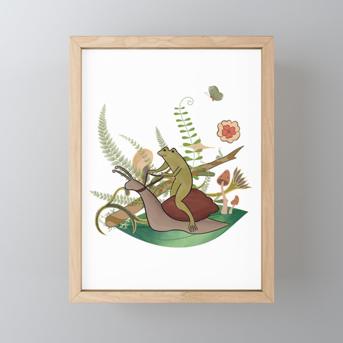 Whimsical Frog Riding a Snail Through the Forest Framed Mini Art Print