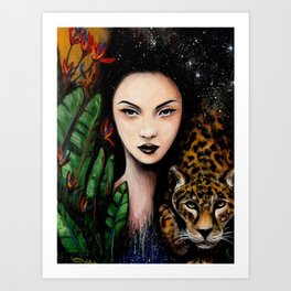 Fierce Beauty / Woman Portrait Painting Asian Jaguar Jungle Stars Tropical Rainforest Fur Flower  Art Print