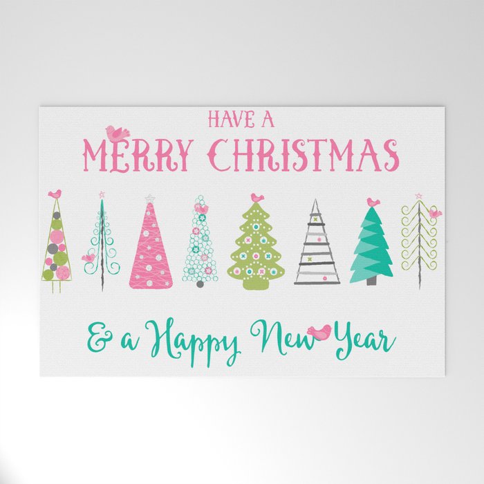 Scandinavian Christmas Trees Pattern - Pink Green Blue Welcome Mat