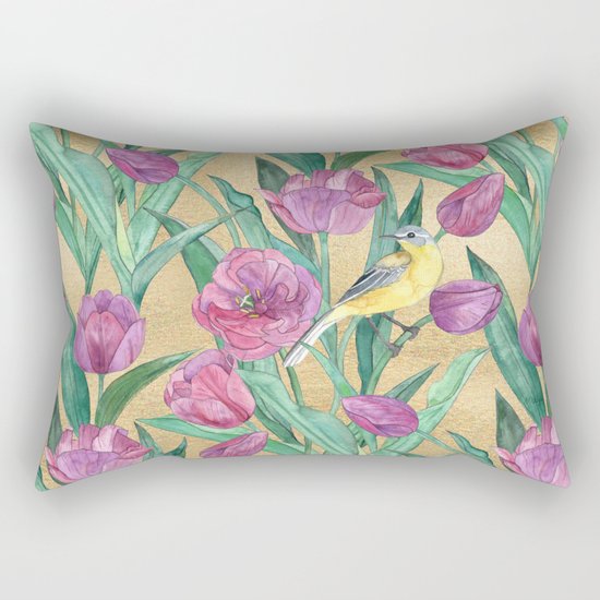 Blue Headed Wagtail in the Tulips Rectangular Pillow