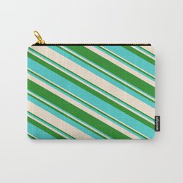 [ Thumbnail: Forest Green, Turquoise & Beige Colored Striped Pattern Carry-All Pouch ]