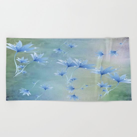 Fantasy Floating Blue Flowers Abstract Beach Towel