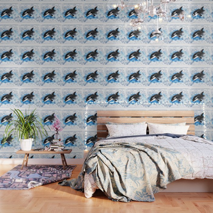 Breaching Baby Orca Watercolor Blue vintage Map Wallpaper