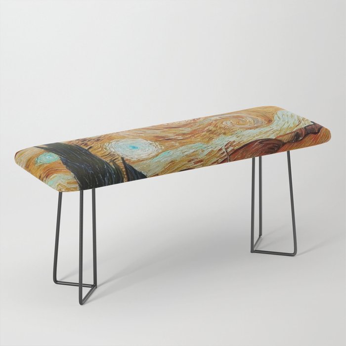 The Starry Night - La Nuit étoilée oil-on-canvas post-impressionist landscape masterpiece painting in alternate earthen gold and blue by Vincent van Gogh Bench