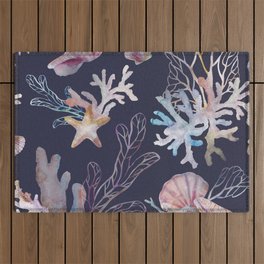 Coral And Seashells Tropical Pattern Outdoor Rug