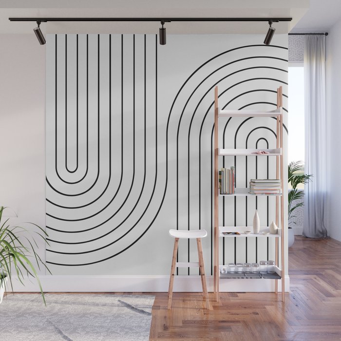 Minimal Line Curvature I Black and White Mid Century Modern Arch Abstract Wall Mural