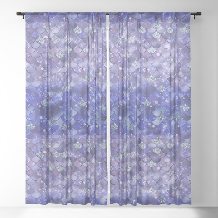 Navy Blue Mermaid Pattern Metallic Glitter Sheer Curtain