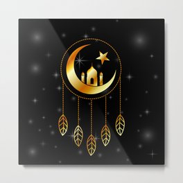 Islamic dream catcher with feathers golden moon and stars	 Metal Print