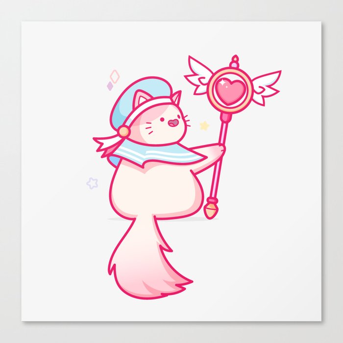Cute Kawaii Magical Cat with Heart Wings Sceptre Canvas Print