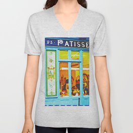 French Patisserie Murais Jewish Paris Cafe street sceen watercolor colorful portrait painting V Neck T Shirt