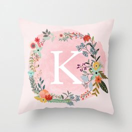 Flower Wreath with Personalized Monogram Initial Letter K on Pink Watercolor Paper Texture Artwork Throw Pillow