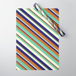 [ Thumbnail: Midnight Blue, Chocolate, Aquamarine & Light Yellow Colored Pattern of Stripes Wrapping Paper ]
