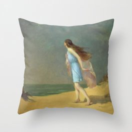 Girl on the Beach; lonely solitary female figure coastal portrait painting by Frank Richards Throw Pillow